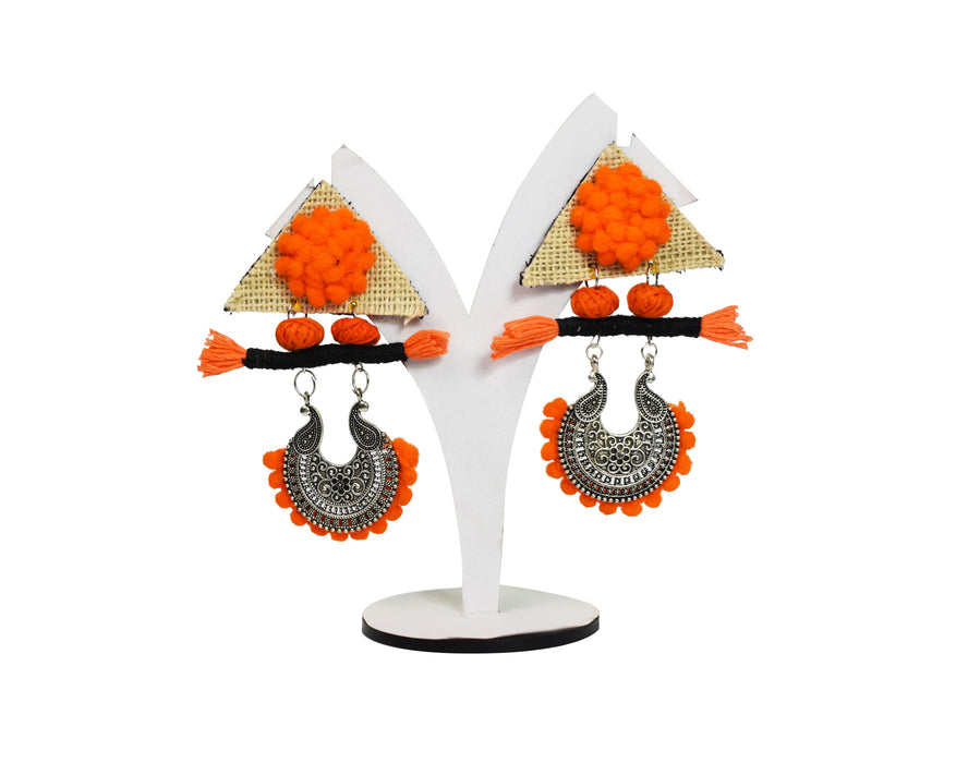 Latest Handcrafted Silver Oxidised Jute Earrings with Pom Pom for Women and Girls-UFH232