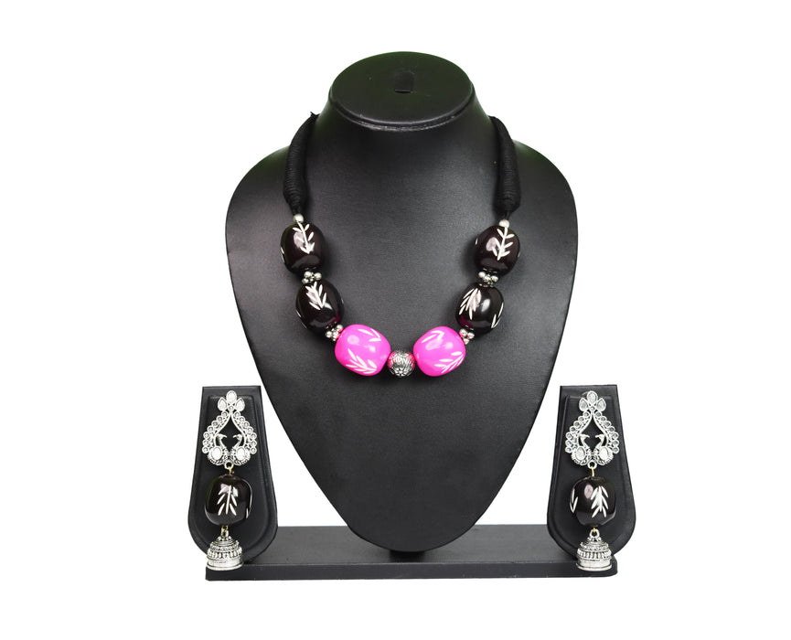 Silver Oxidised Handmade Choker Necklace Earring Set for Women and Girls (Black and Pink)-UFH202