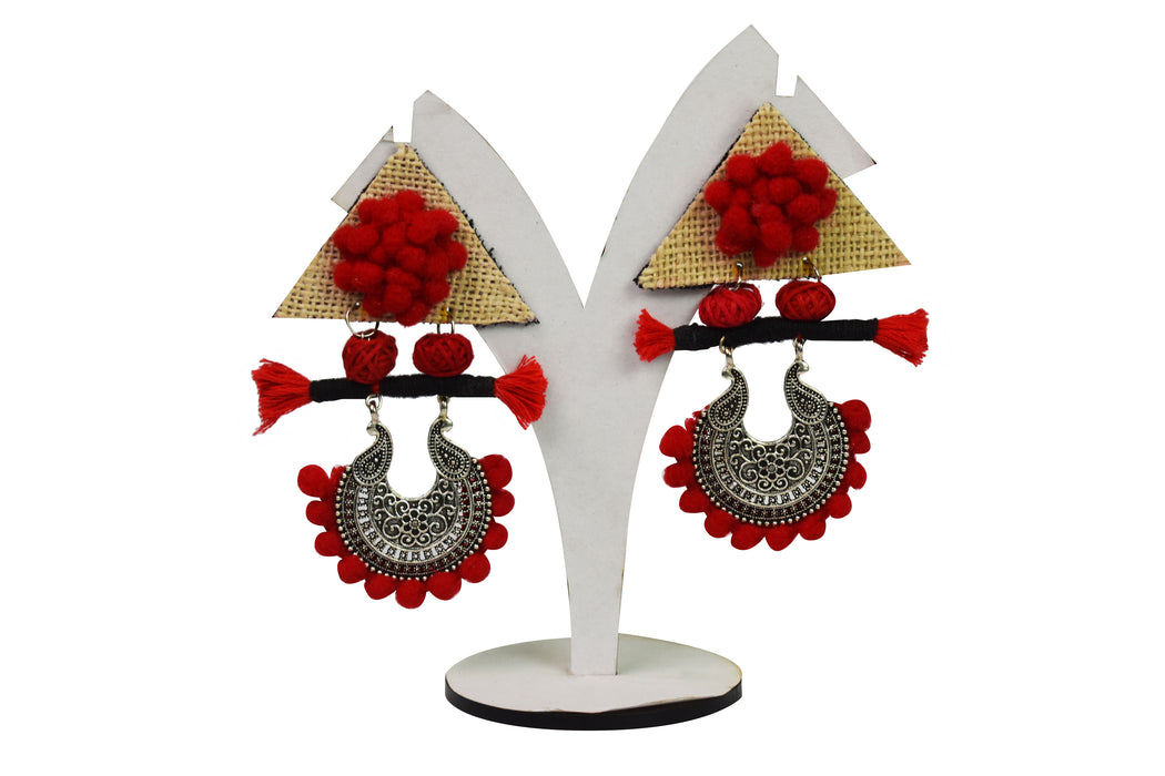 Latest Handcrafted Silver Oxidised Jute Earrings with Pom Pom for Women and Girls-UFH232