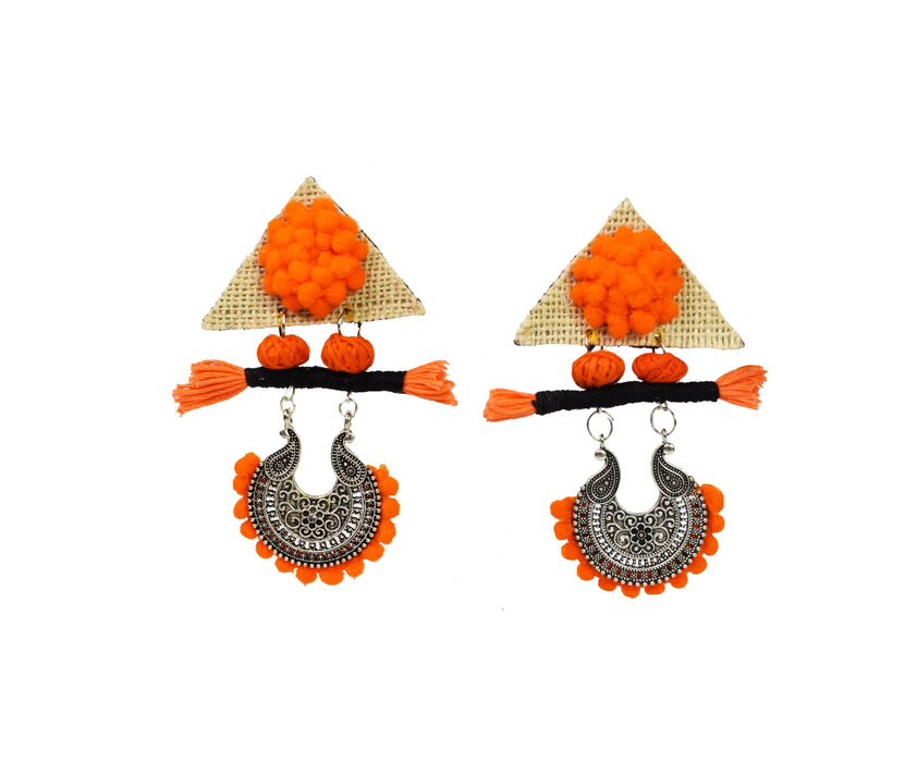 Latest Handcrafted Silver Oxidised Jute Earrings with Pom Pom for Women and Girls-UFH232