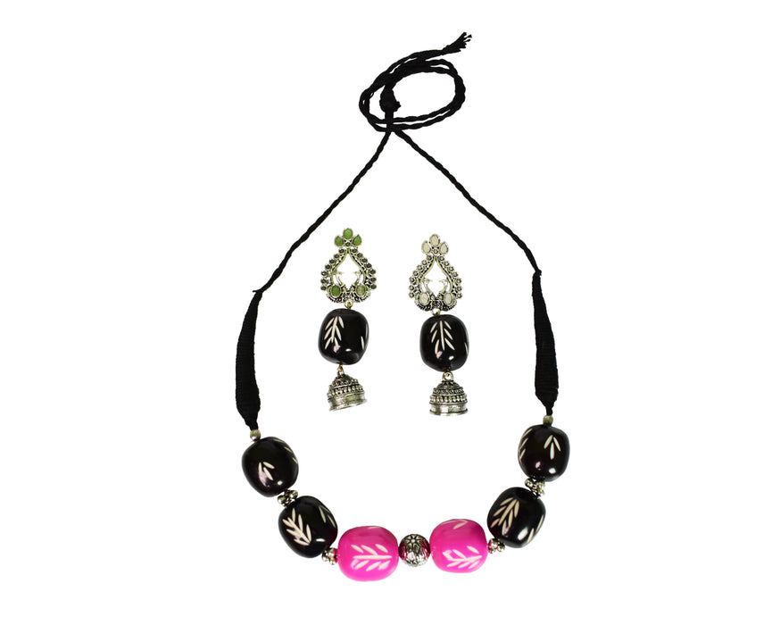 Silver Oxidised Handmade Choker Necklace Earring Set for Women and Girls (Black and Pink)-UFH202