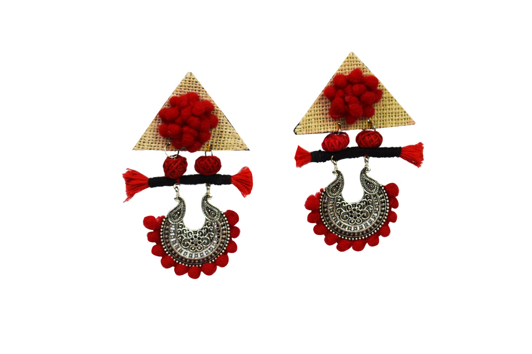 Latest Handcrafted Silver Oxidised Jute Earrings with Pom Pom for Women and Girls-UFH232