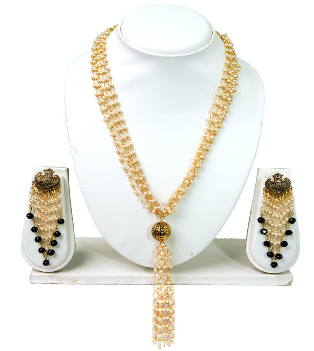 Unique Fashion House Crystal and Pearl Multi-Layer Gold Plated Necklace Set for Women & Girls-UFH121
