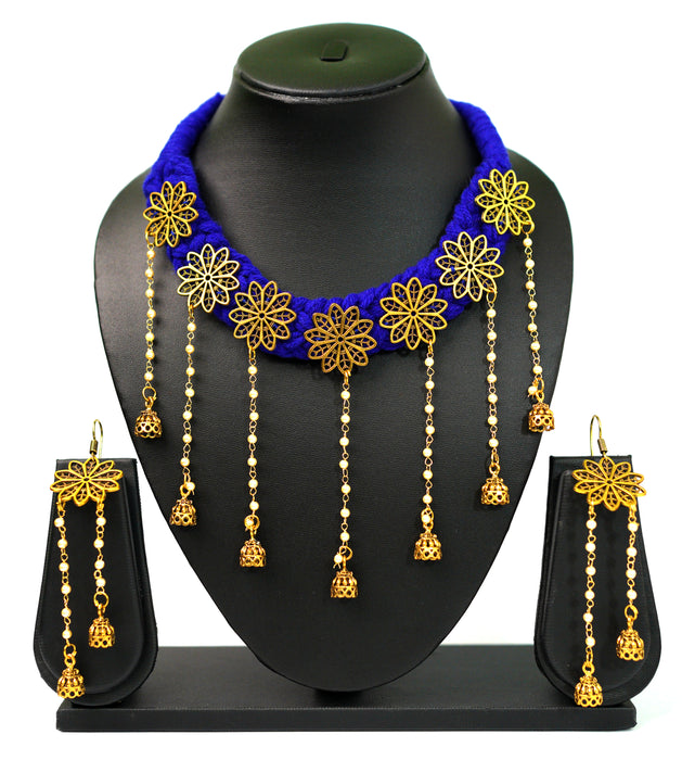 Latest Design Golden Oxidised Choker Necklace Earring Set with Long Moti Chain for Women and Girls-UFH34