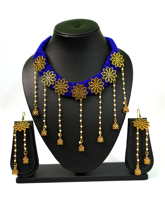 Latest Design Golden Oxidised Choker Necklace Earring Set with Long Moti Chain for Women and Girls-UFH34