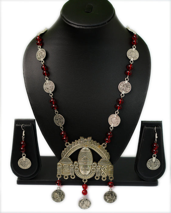 Silver Oxidized Pendant Necklace Earring Set  for Women and Girls-UFH65