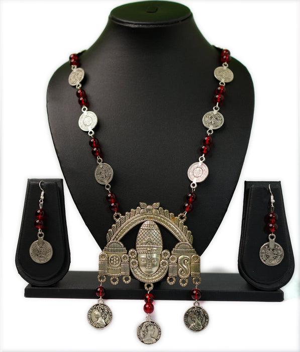 Silver Oxidized Pendant Necklace Earring Set  for Women and Girls-UFH65