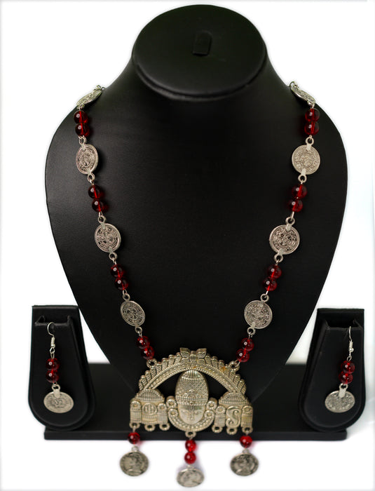 Silver Oxidized Pendant Necklace Earring Set  for Women and Girls-UFH65