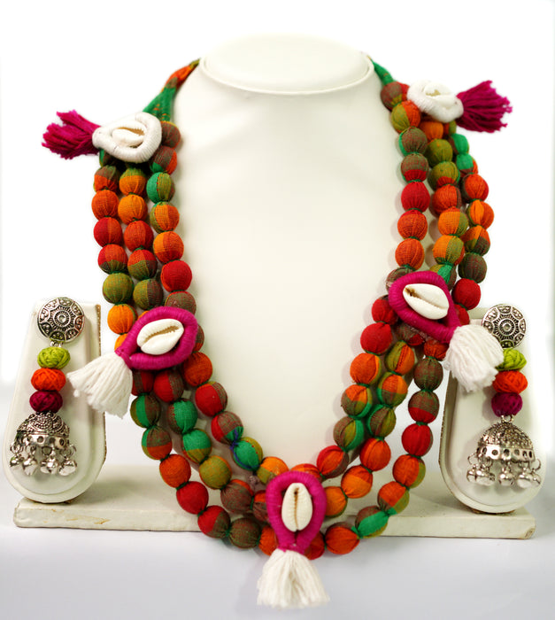 Handmade Multicolored Fabric and Metal Balls Necklace Set with Shells for Women and Girls-UFH64