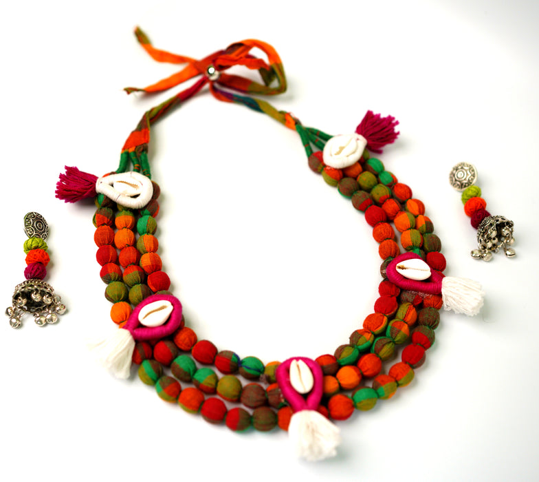 Handmade Multicolored Fabric and Metal Balls Necklace Set with Shells for Women and Girls-UFH64