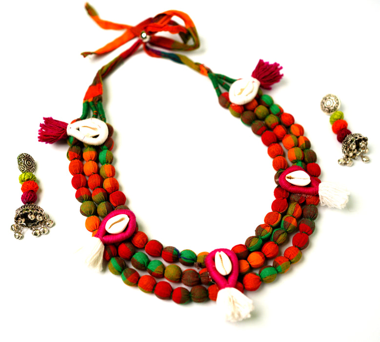 Handmade Multicolored Fabric and Metal Balls Necklace Set with Shells for Women and Girls-UFH64