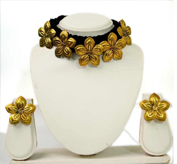 Golden Oxidized Choker Necklace Earring Set for Women & Girls-UFH62