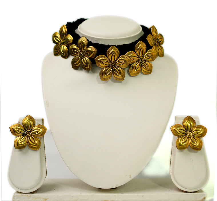 Golden Oxidized Choker Necklace Earring Set for Women & Girls-UFH62