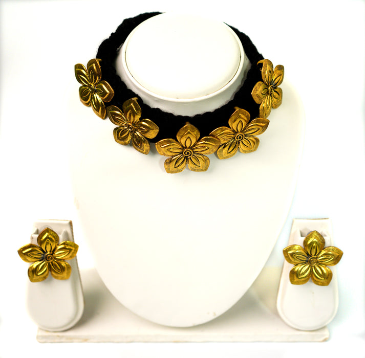 Golden Oxidized Choker Necklace Earring Set for Women & Girls-UFH62