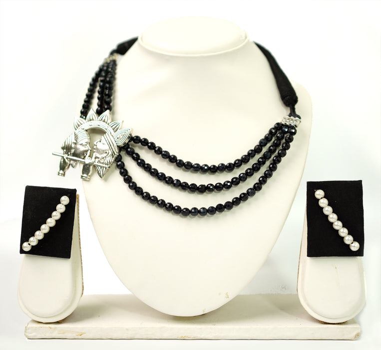 Black Beaded Silver Oxidized Radha Krishna Pendant Necklace Set For Women and Girls-UFH73