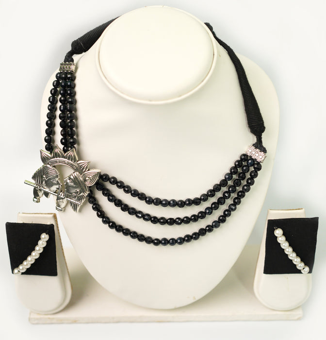 Black Beaded Silver Oxidized Radha Krishna Pendant Necklace Set For Women and Girls-UFH73