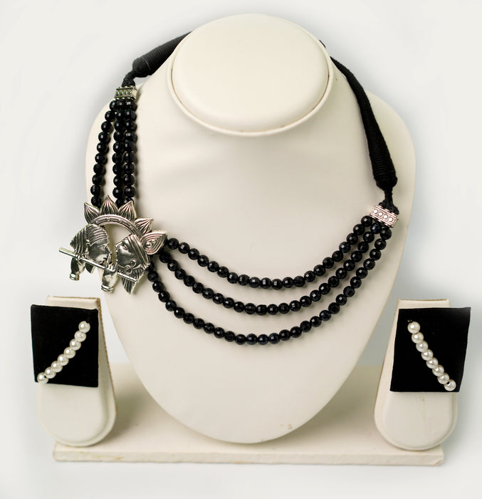 Black Beaded Silver Oxidized Radha Krishna Pendant Necklace Set For Women and Girls-UFH73