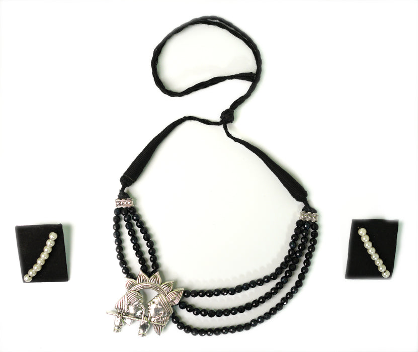 Black Beaded Silver Oxidized Radha Krishna Pendant Necklace Set For Women and Girls-UFH73