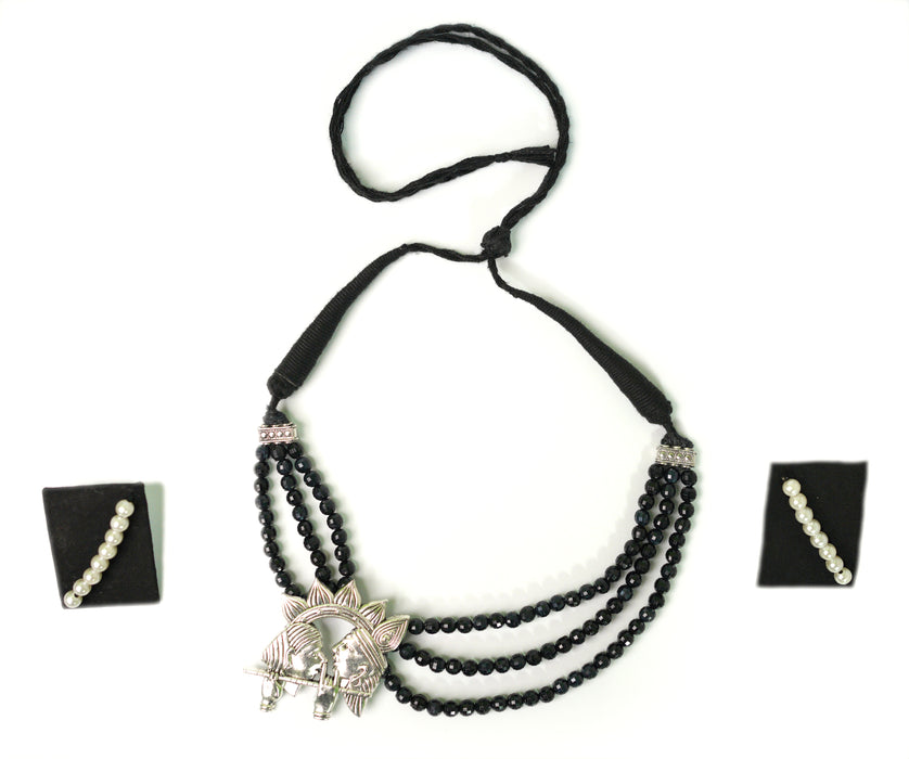 Black Beaded Silver Oxidized Radha Krishna Pendant Necklace Set For Women and Girls-UFH73