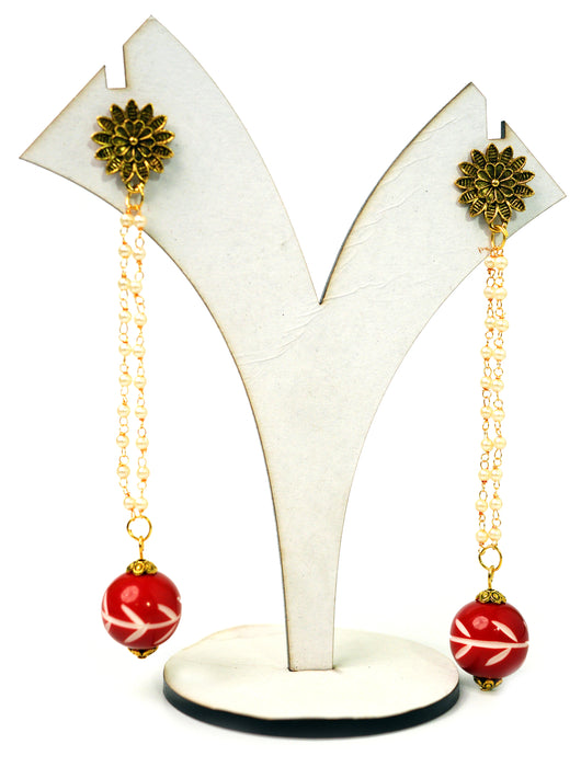 Long Moti Chain Golden Oxidized Chemical Beads Earrings For Women and Girls-UFH80