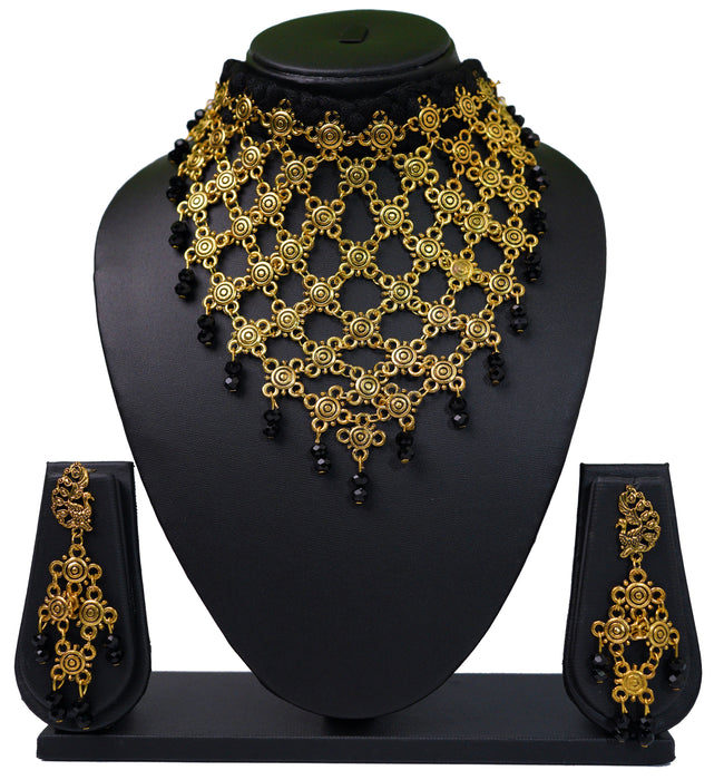 Handmade Golden Oxidised Black Crystal Choker Necklace with Earrings for Women-UFH139