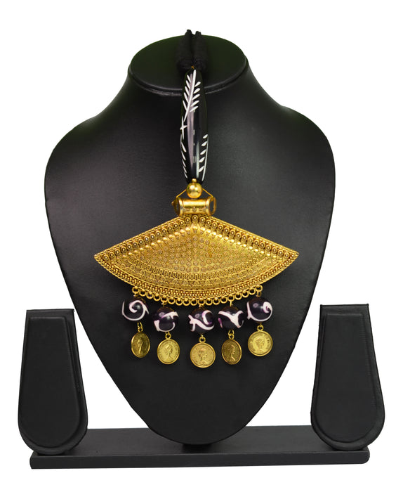 Handmade Golden Oxidised Choker Necklace With A Long Black Chemical Beads and Golden Coins for Women & Girls-UFH205