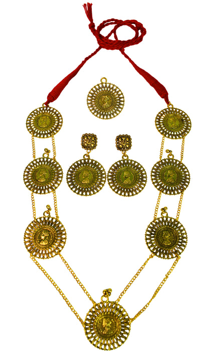 Handmade Golden Oxidized Long Chain Necklace Set With Ring for Women and Girls-UFH194