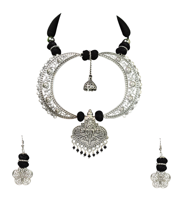 Silver Oxidised Handmade Necklace with Matching Earring for Women and Girls-UFH300