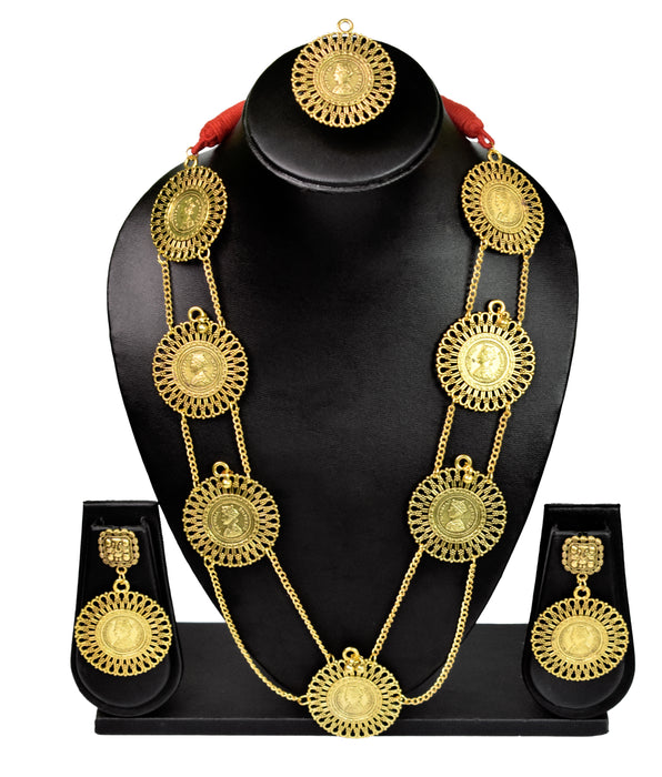 Handmade Golden Oxidized Long Chain Necklace Set With Ring for Women and Girls-UFH194