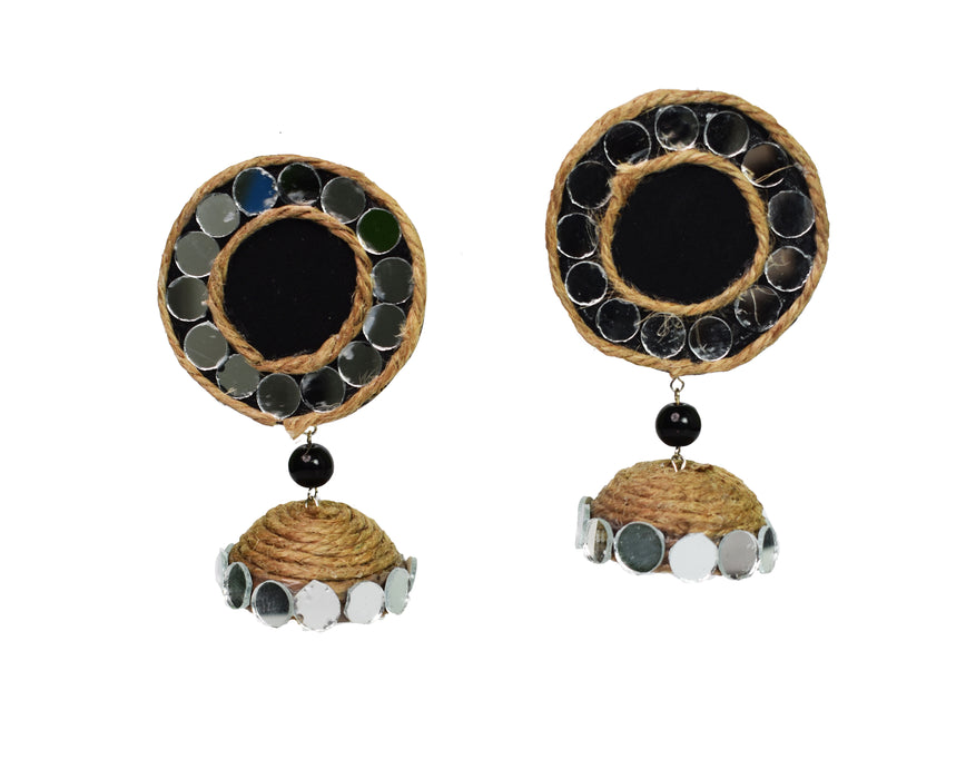 Handcrafted Jute Mirror Jhumka Earrings with Black Beads for Women and Girls-UFH226