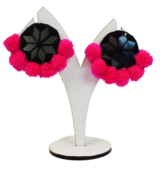 Elegant Fabric Pom Pom Earrings with Mirror for Women & Girls-UFH174