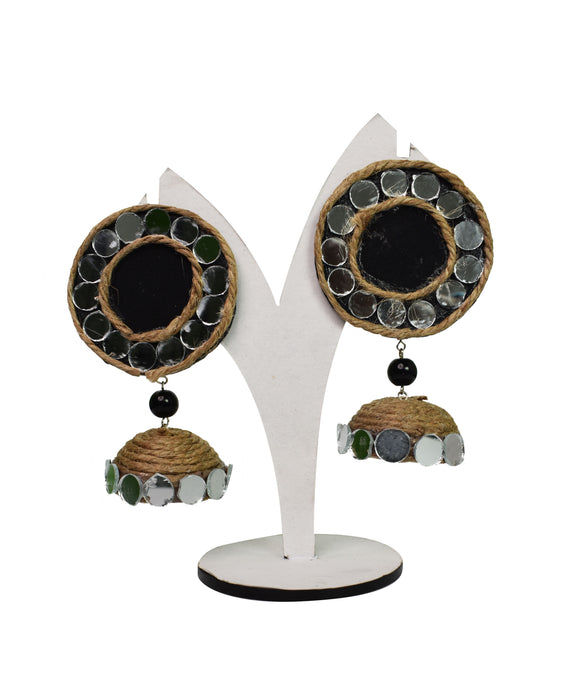 Handcrafted Jute Mirror Jhumka Earrings with Black Beads for Women and Girls-UFH226