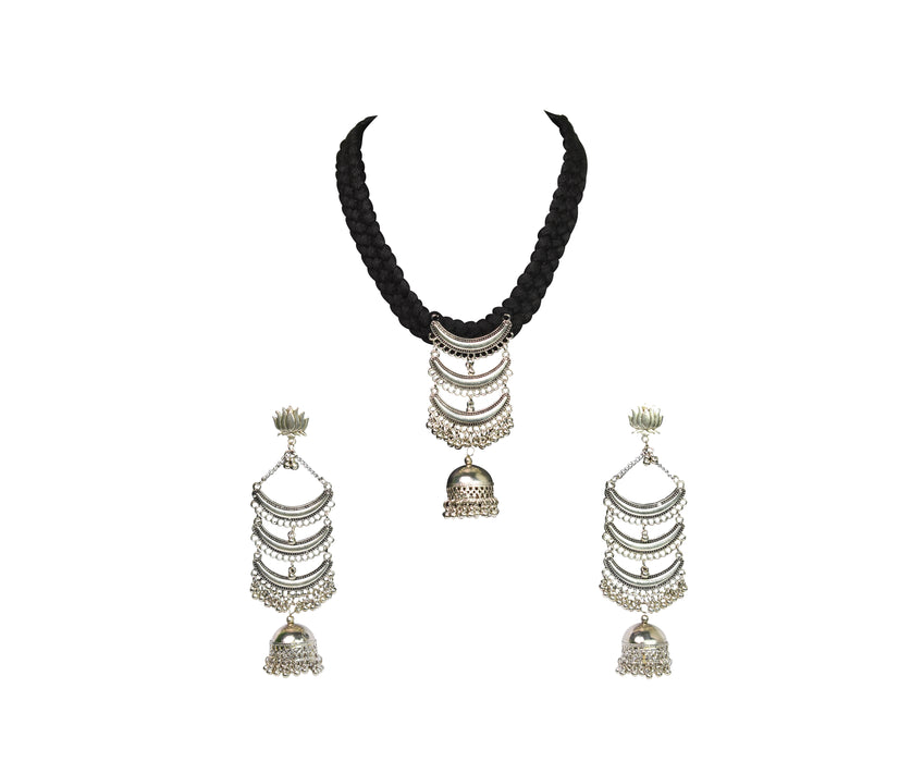 German Silver Oxidised Handmade Choker Necklace Earring Set for Women and Girls-UFH204