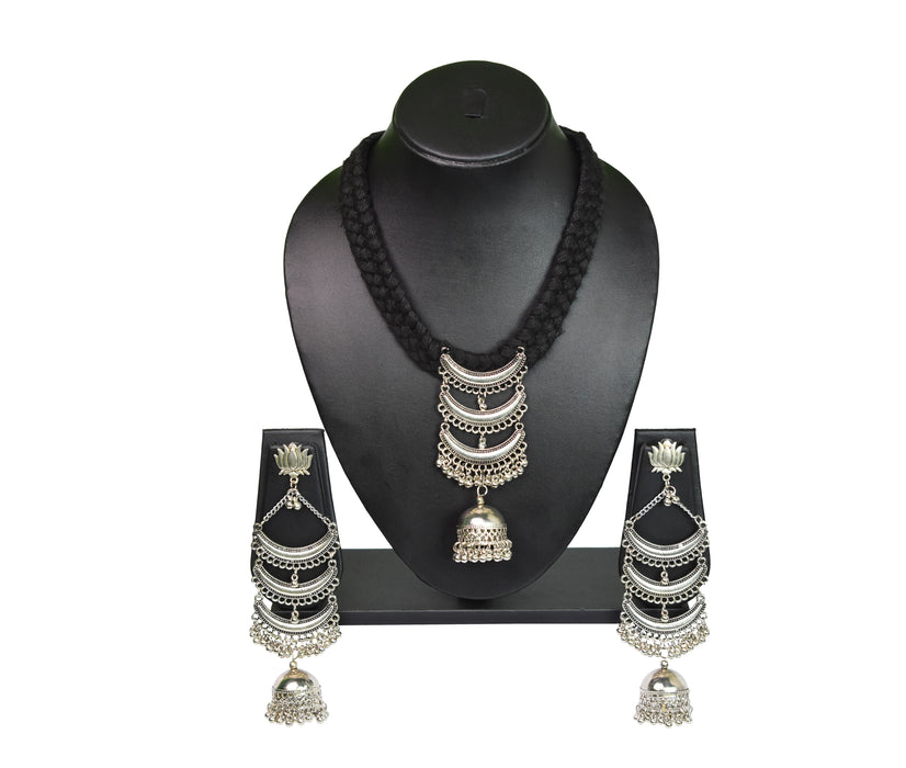 German Silver Oxidised Handmade Choker Necklace Earring Set for Women and Girls-UFH204