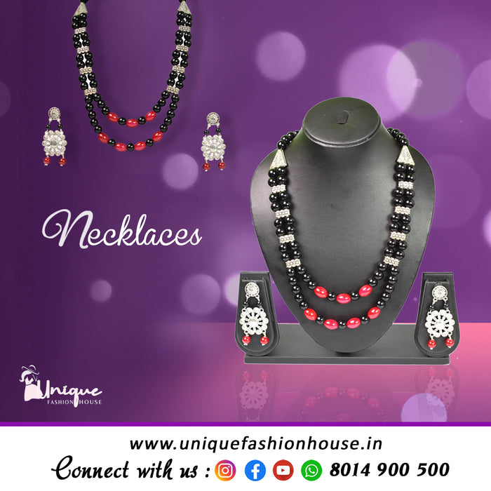 Handmade Necklace with Matching Earring with Red and Black Glossy Beads for Women and Girls-UFH189