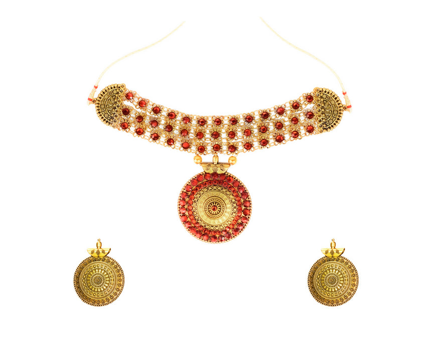 Golden Oxidised Choker Necklace with Earrings for Women and Girls-RB14