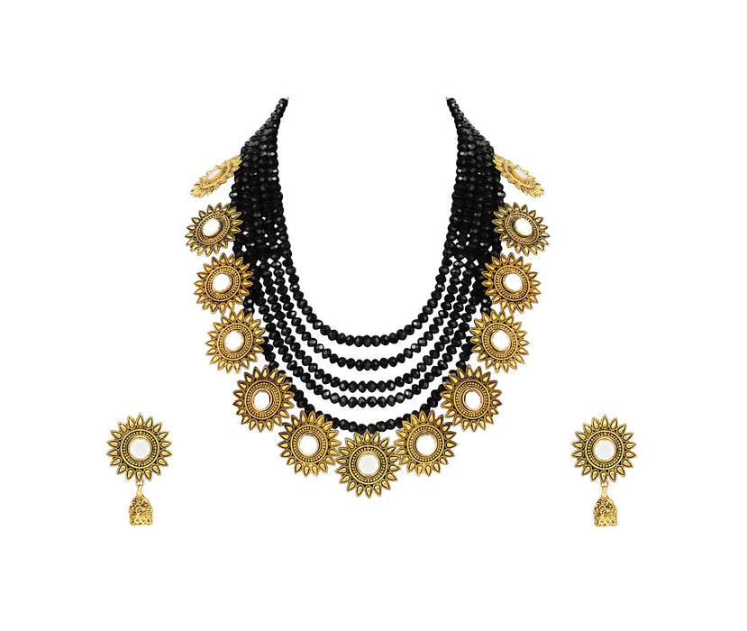 Crystal Necklace Set Fused with Golden Oxidised Mirror Charms for Girls and Women-RB348