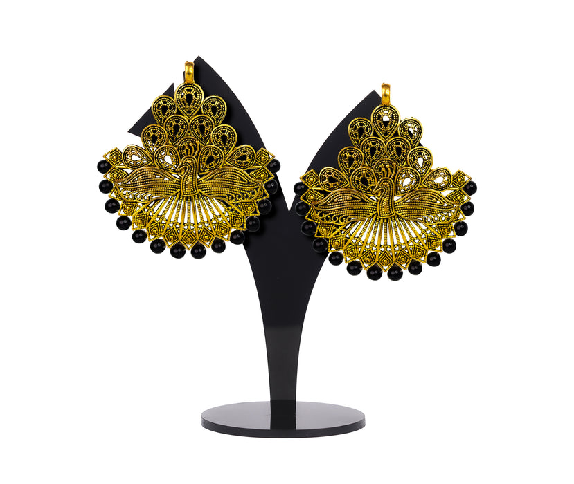 Golden Oxidised Black Beads Studded Peacock Design Stud Earrings for Women and Girls-RB372