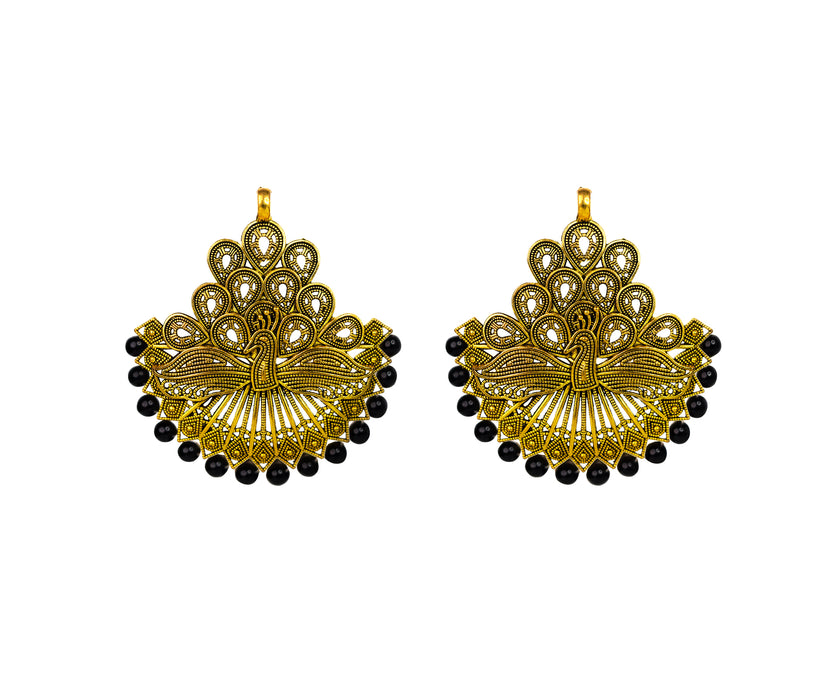 Golden Oxidised Black Beads Studded Peacock Design Stud Earrings for Women and Girls-RB372