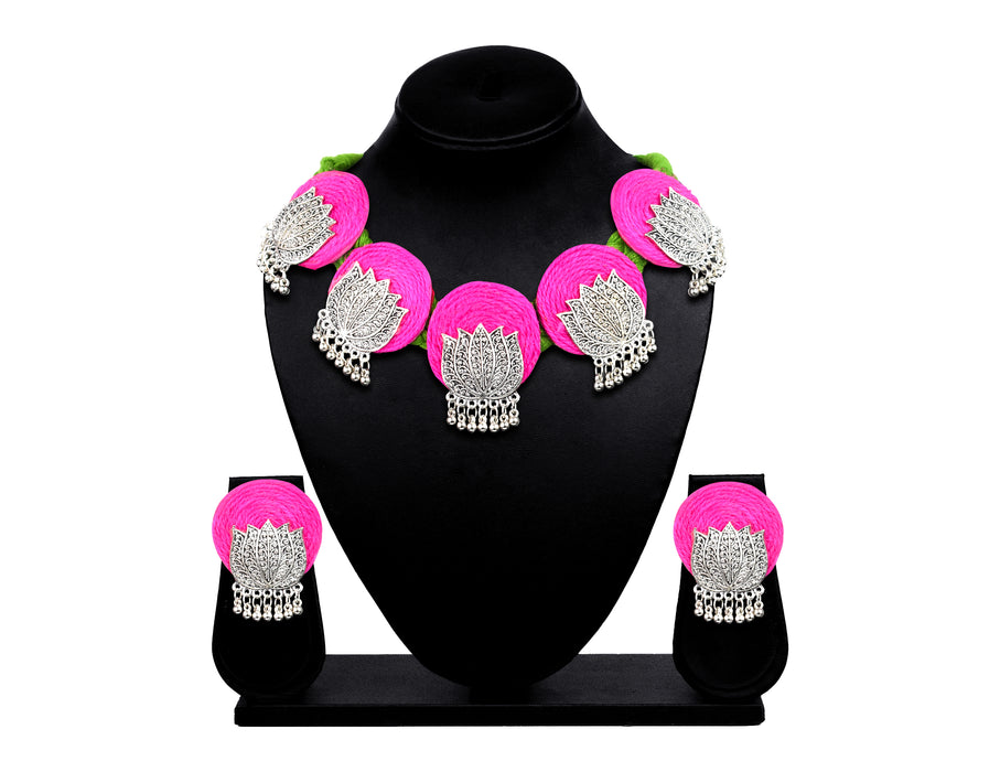 Handmade Oxidised Choker Necklace Earring Set Fused with Lotus Charms for Girls and Women-RB39