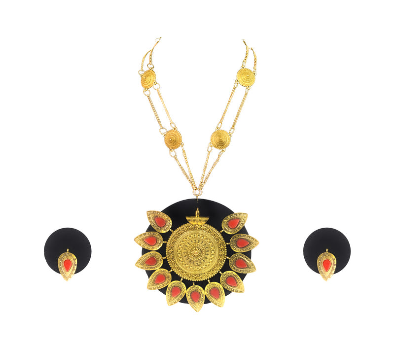 Handmade Golden Oxidised Pendant Design Necklace Earring Set for Girls and Women-RB43