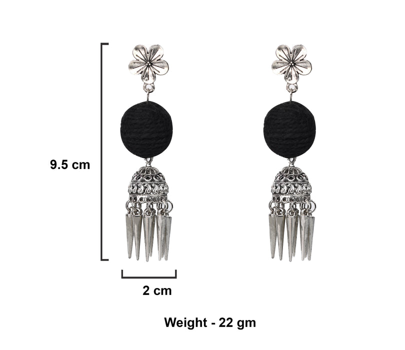 German Silver Oxidised Jhumka Earrings with Jute Ball for Women and Girls-UFH08
