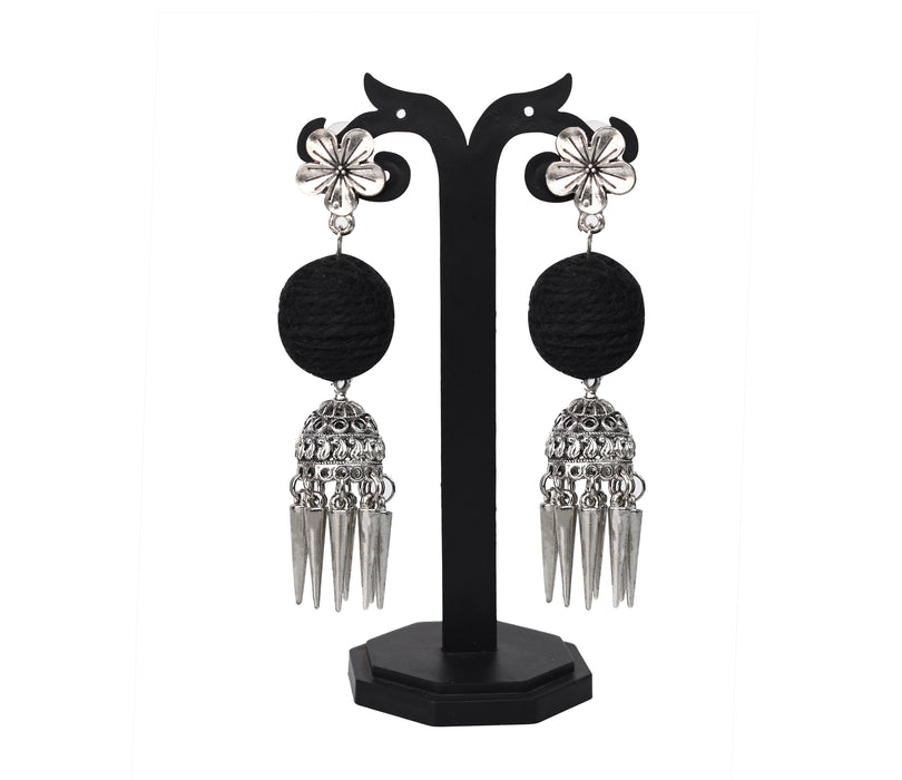 German Silver Oxidised Jhumka Earrings with Jute Ball for Women and Girls-UFH08