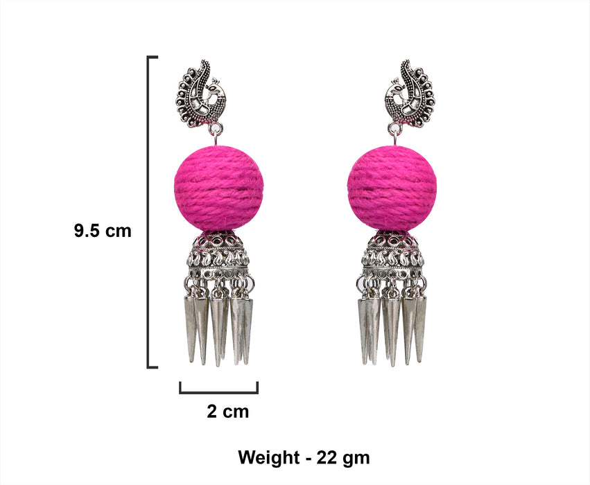 German Silver Oxidised Jhumka Earrings with Jute Ball for Women and Girls-UFH08