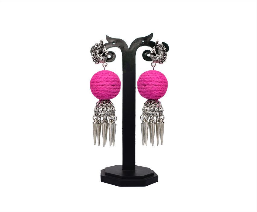 German Silver Oxidised Jhumka Earrings with Jute Ball for Women and Girls-UFH08