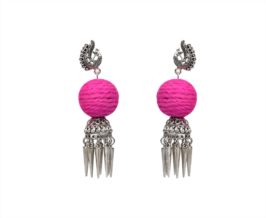 German Silver Oxidised Jhumka Earrings with Jute Ball for Women and Girls-UFH08