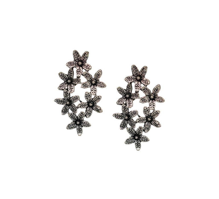 German Silver Oxidised Flower Designed Stud Earrings for Girls and Women-UFH104