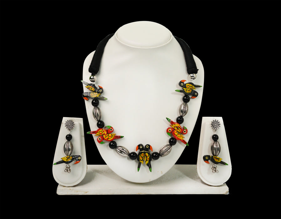 Bohemian Colorful Hand painted Wooden Bird Necklace Set with Earrings for Women and Girls-UFH122