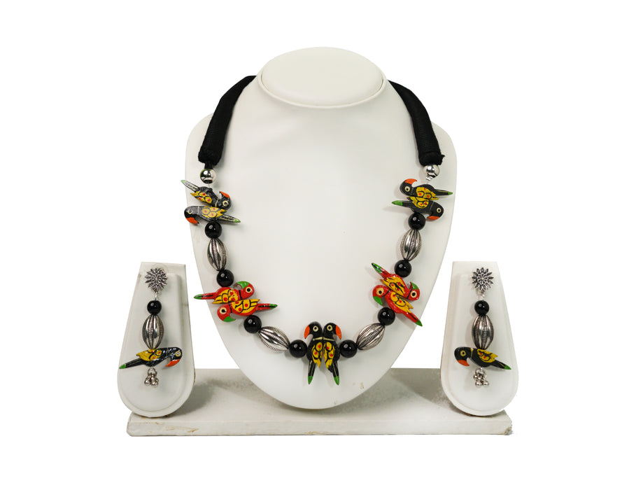 Bohemian Colorful Hand painted Wooden Bird Necklace Set with Earrings for Women and Girls-UFH122