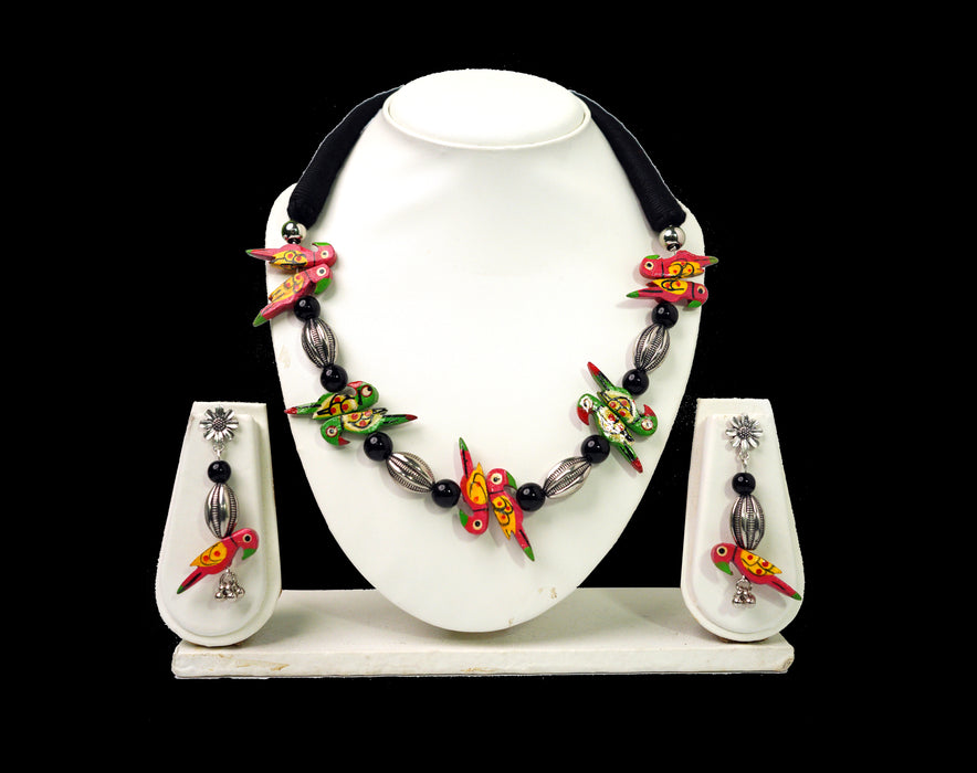 Bohemian Colorful Hand painted Wooden Bird Necklace Set with Earrings for Women and Girls-UFH122